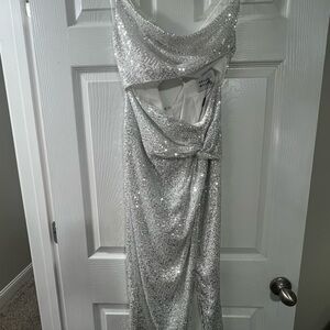 Hello Molly Silver Sequin Ruched Gown